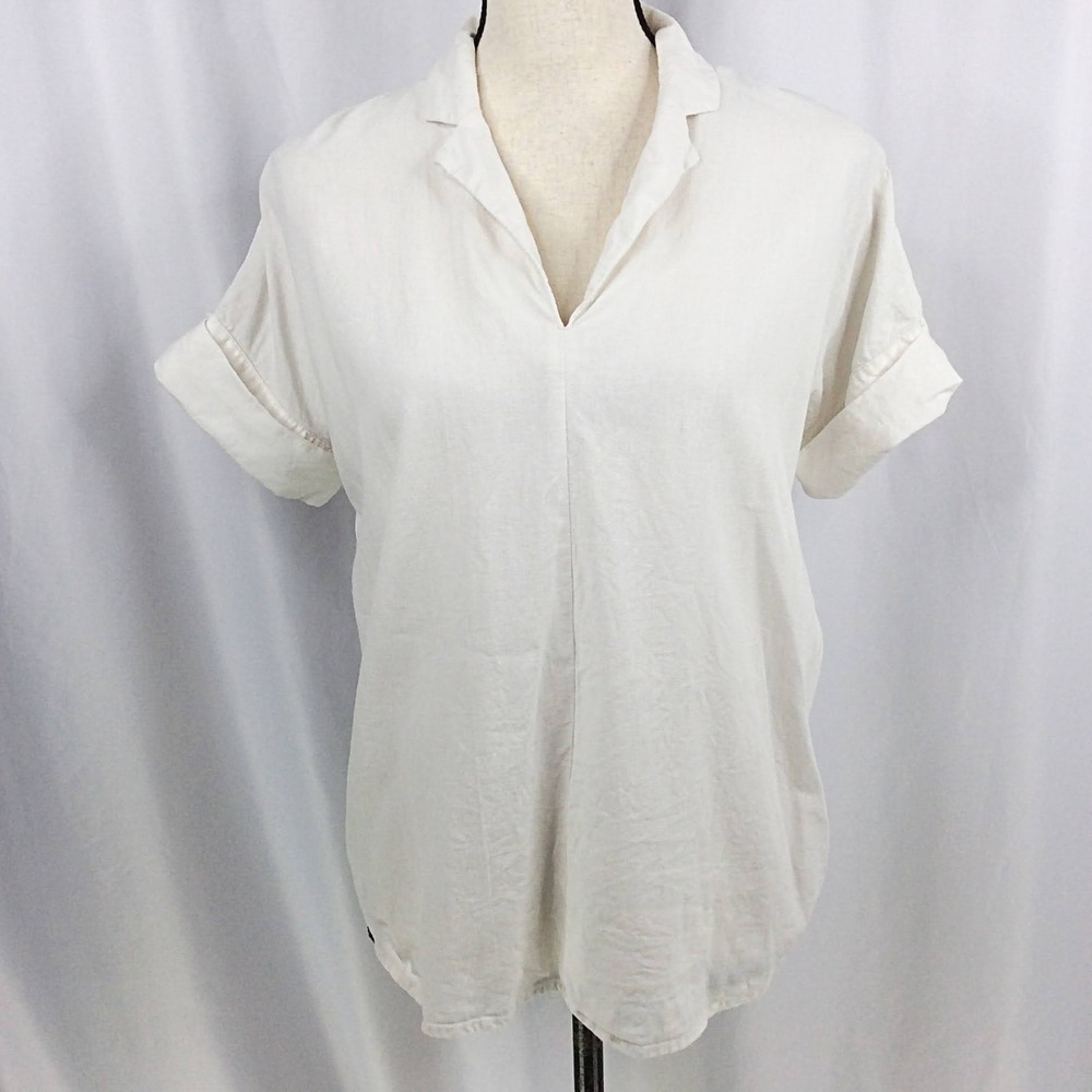 Madewell Linen Blend Top Women's XS Oversized White Roll Short Sleeve Collared